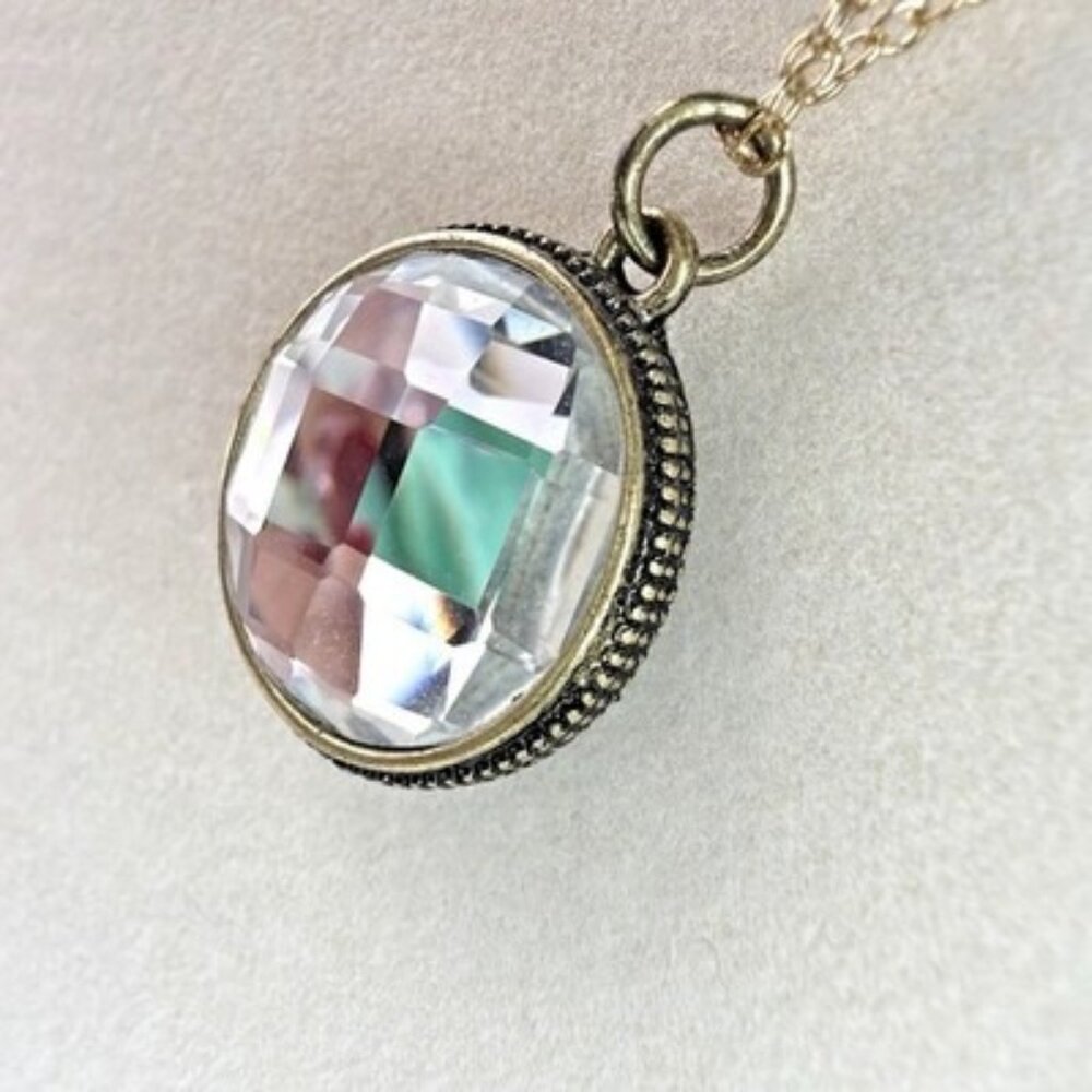 Vintage Reversible Crystal Medallion Pendant Gold Tone Necklace 18”
